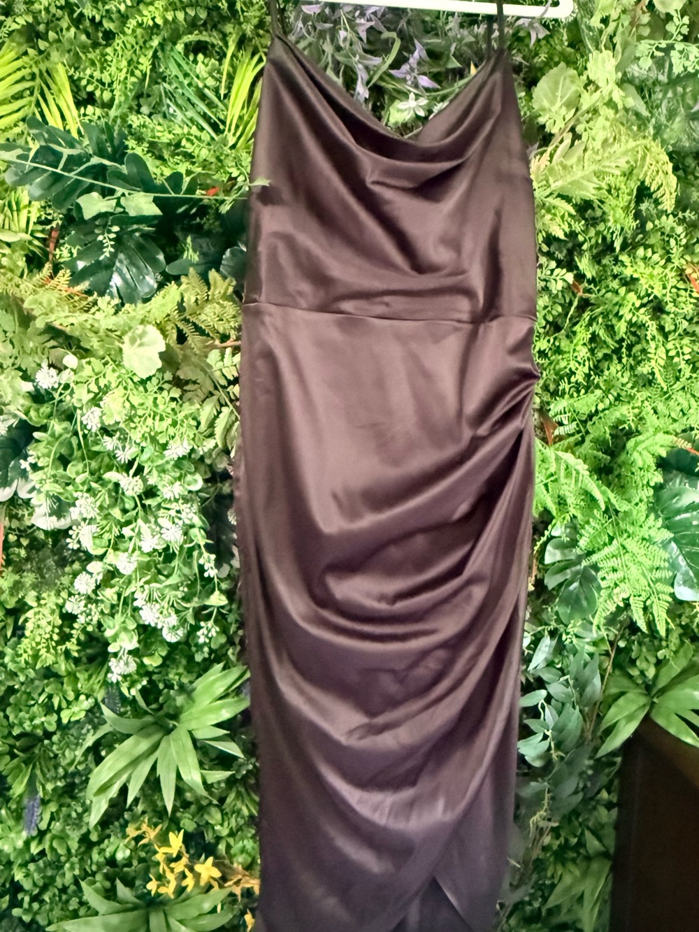 Satin Cowl-Neck Midi Dress in Chocolate Brown